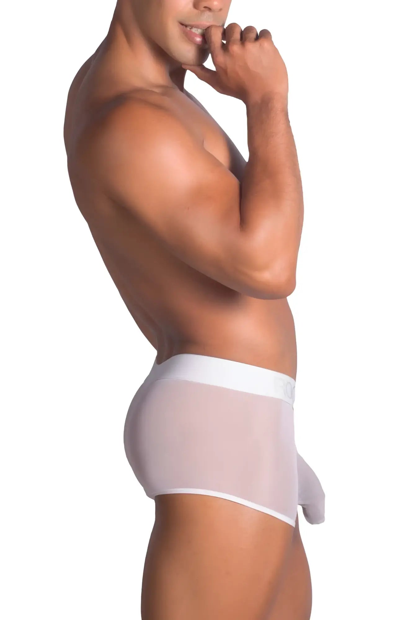 White sheer mesh briefs with solid white waistband and matching pouch from roger smuth rs072 trunks color white