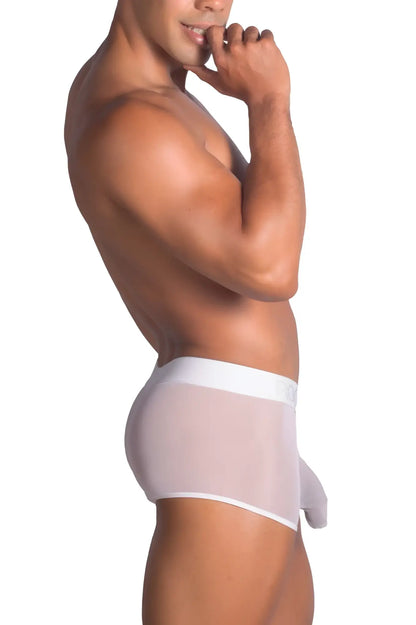 White sheer mesh briefs with solid white waistband and matching pouch from roger smuth rs072 trunks color white