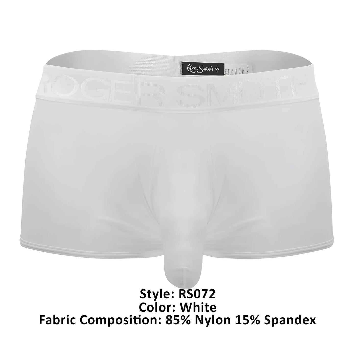White roger smith rs072 men’s briefs made from 85% nylon and 15% spandex in a white color trunk design