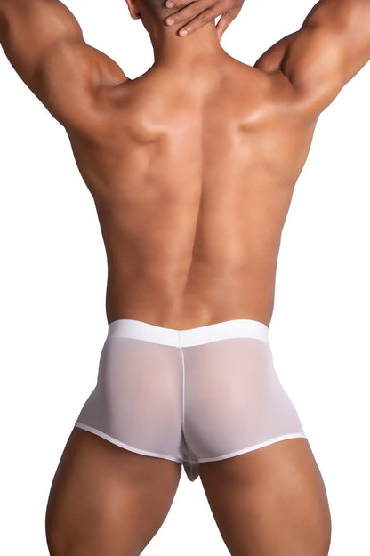 Roger smuth rs072 trunks in white with transparent white mesh briefs and solid white waistband front view