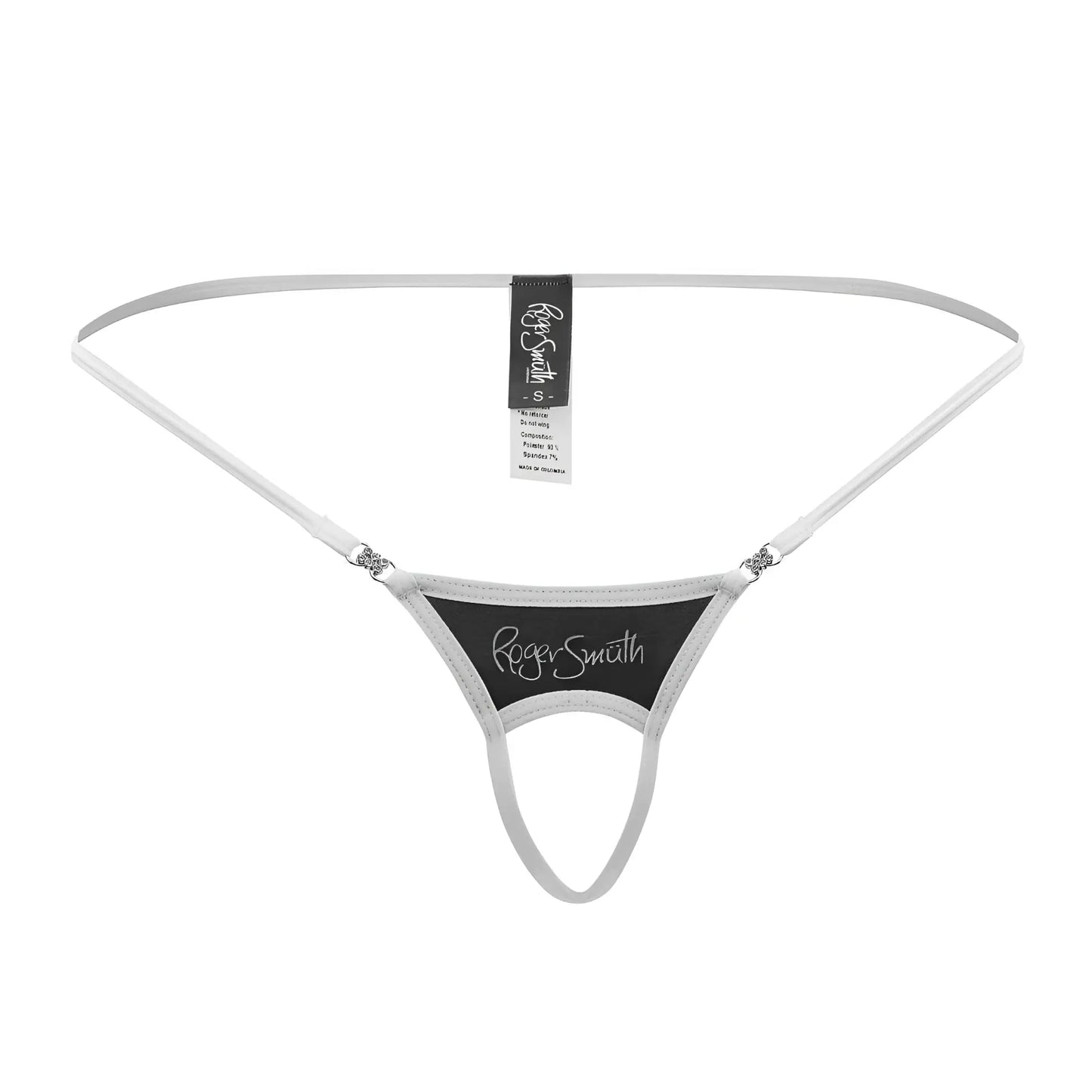 Roger smith rs076 ball lifter black thong with sleek minimalist design thin straps and central panel front view