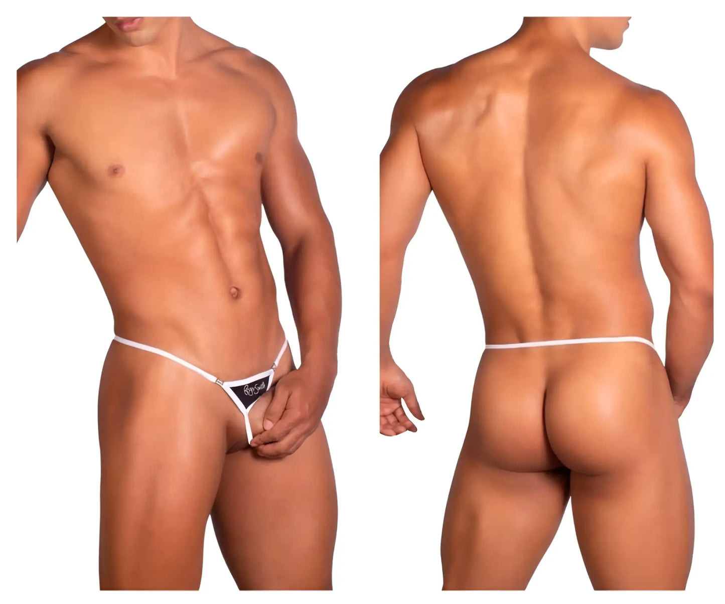 White thong with black triangular panel and silver logo detail from roger smuth rs076 ball lifter in black