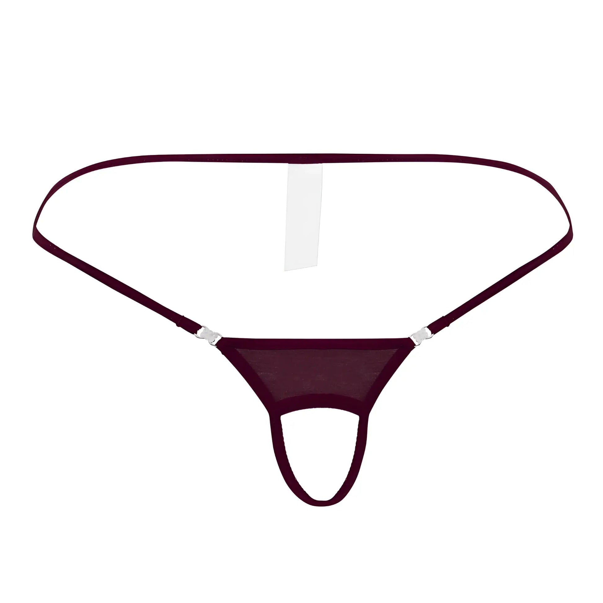 Maroon mesh thong ball lifter with thin elastic straps and silver metal clasps by roger smuth rs076 burgundy