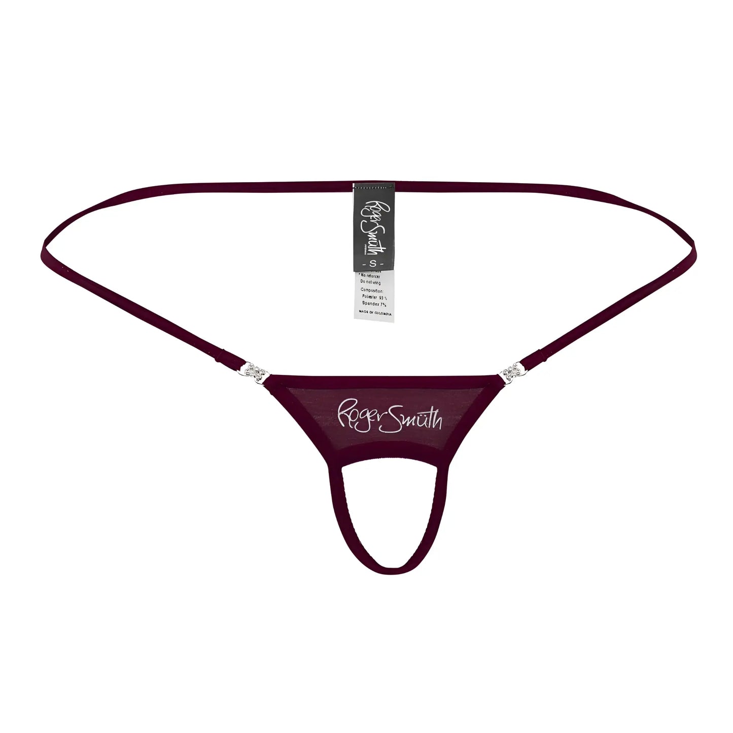 Maroon roger smith thong with sheer mesh fabric and silver rhinestone accents front view for ball lifting