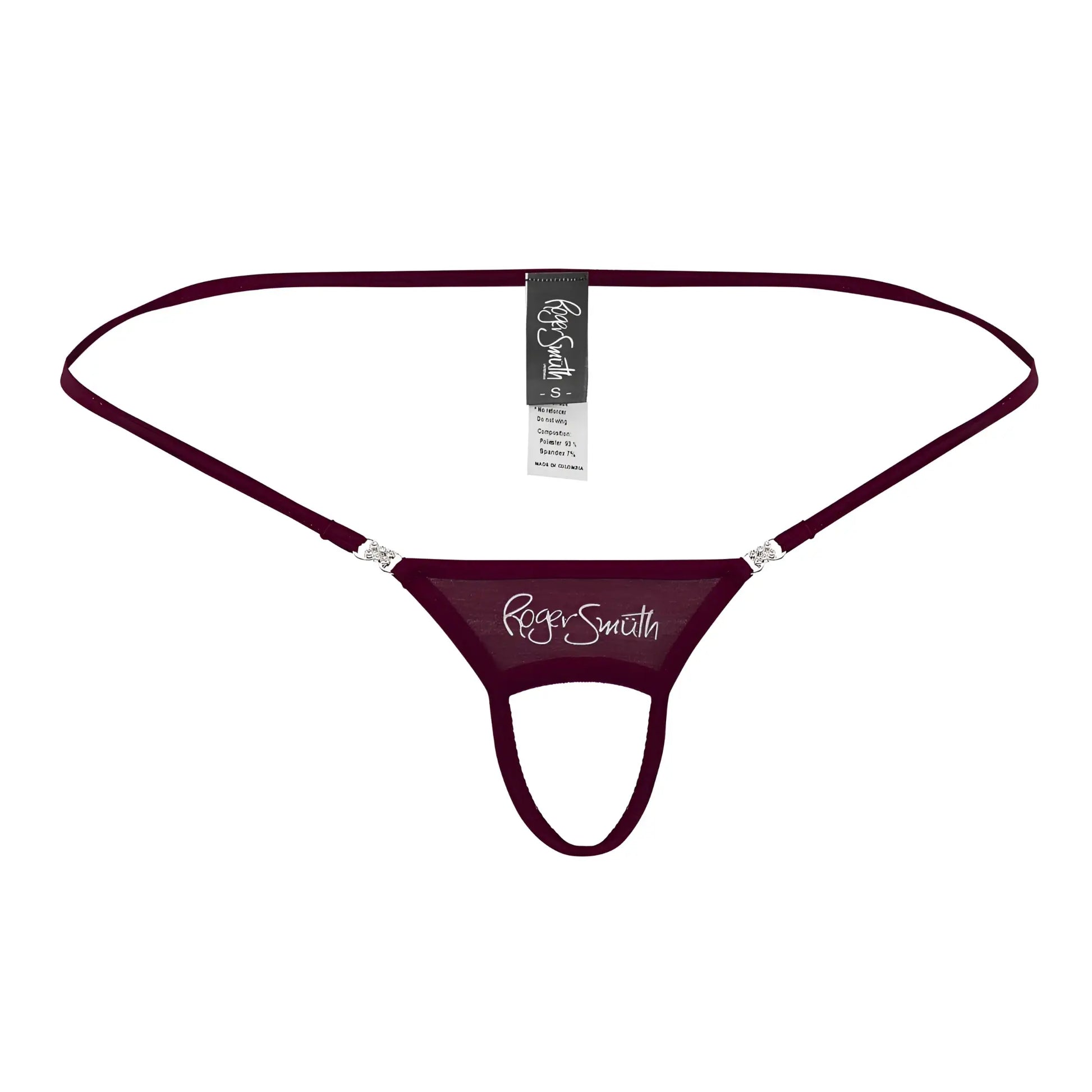 Maroon roger smith thong with sheer mesh fabric and silver rhinestone accents front view for ball lifting