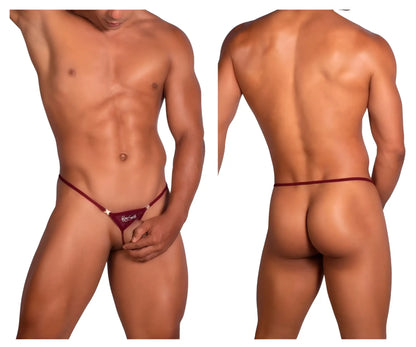 Maroon roger smuth rs076 ball lifter thong with small gold star and white embroidered logo on the front