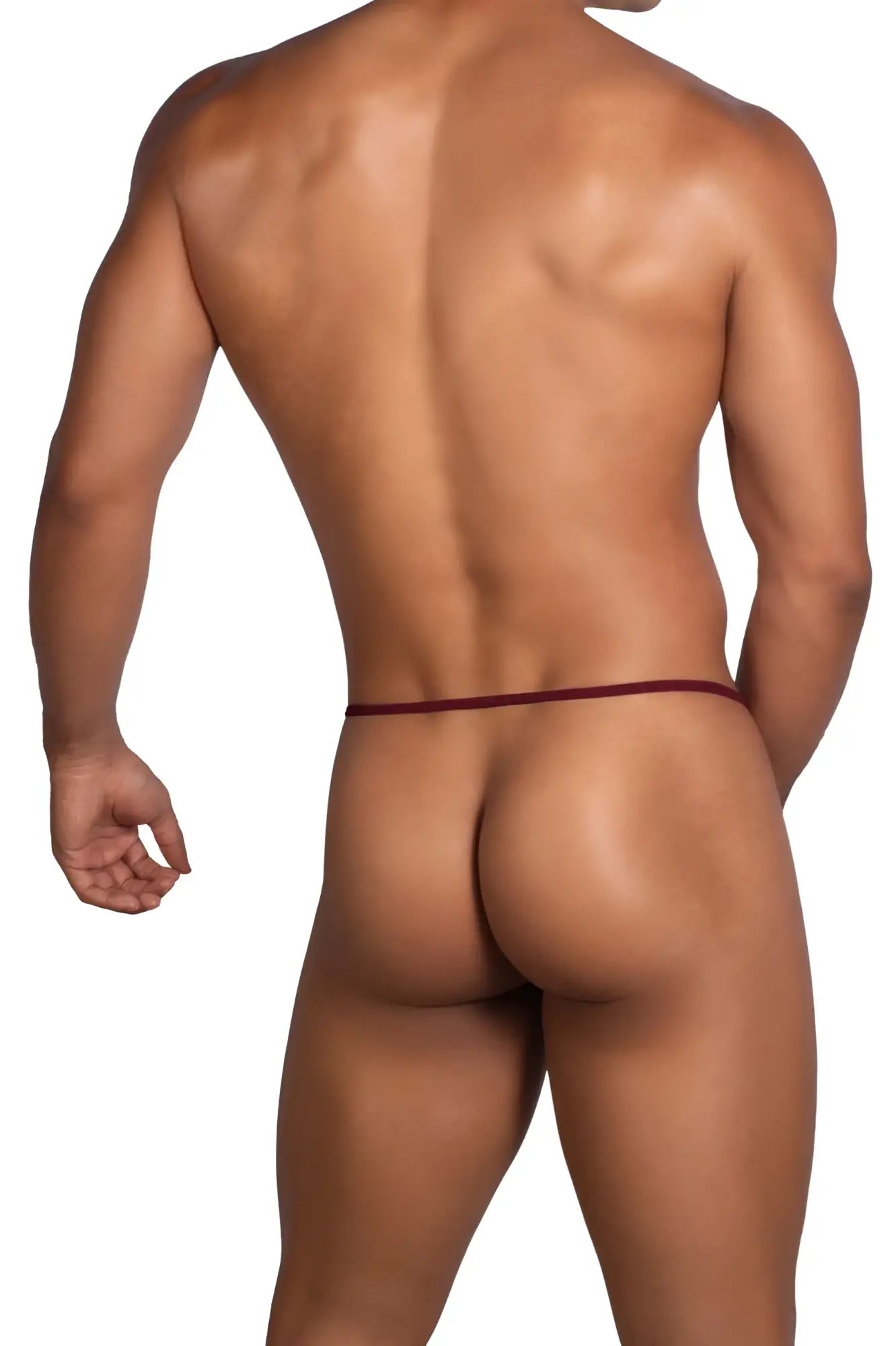 A burgundy roger smuth rs076 ball lifter thong with a thin smooth elastic band shown from the back side