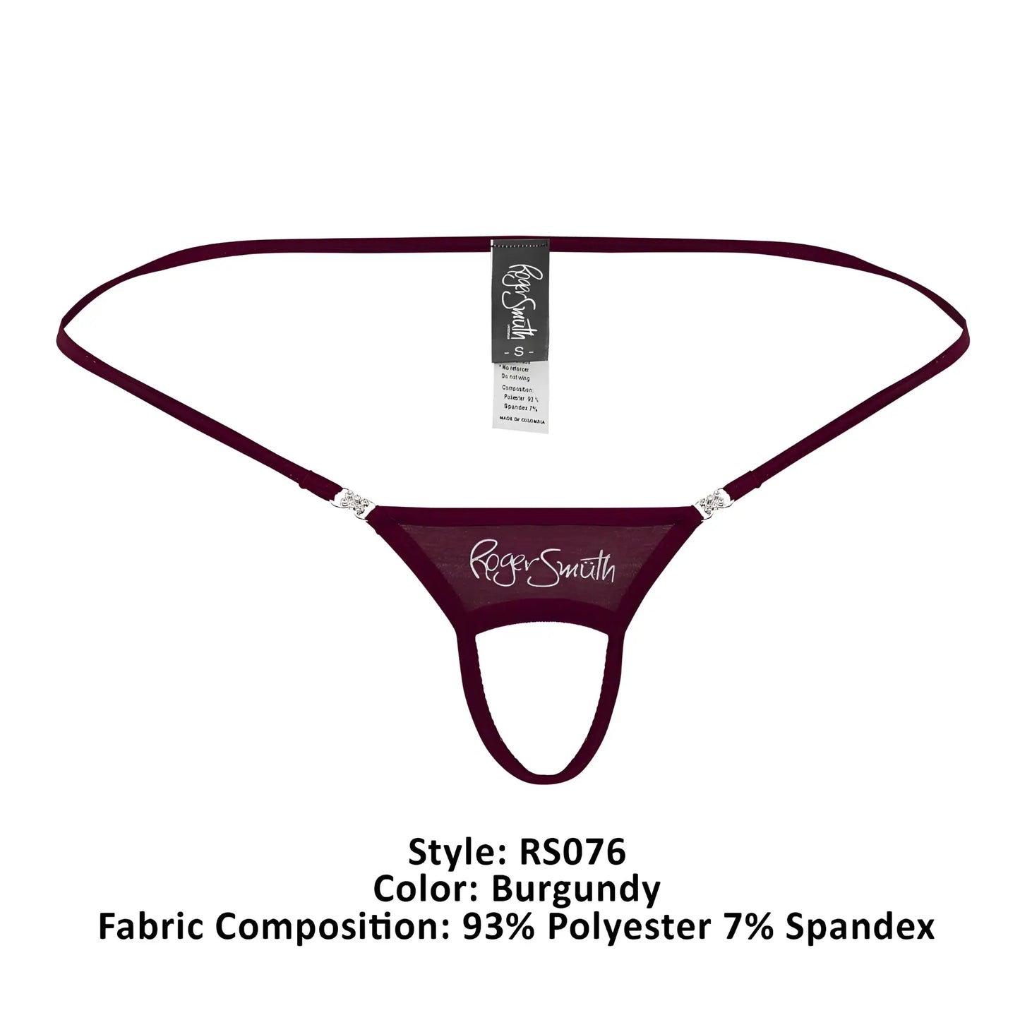 Burgundy roger smith rs076 ball lifter thong with sheer mesh fabric and silver rhinestone hip strap accents back view