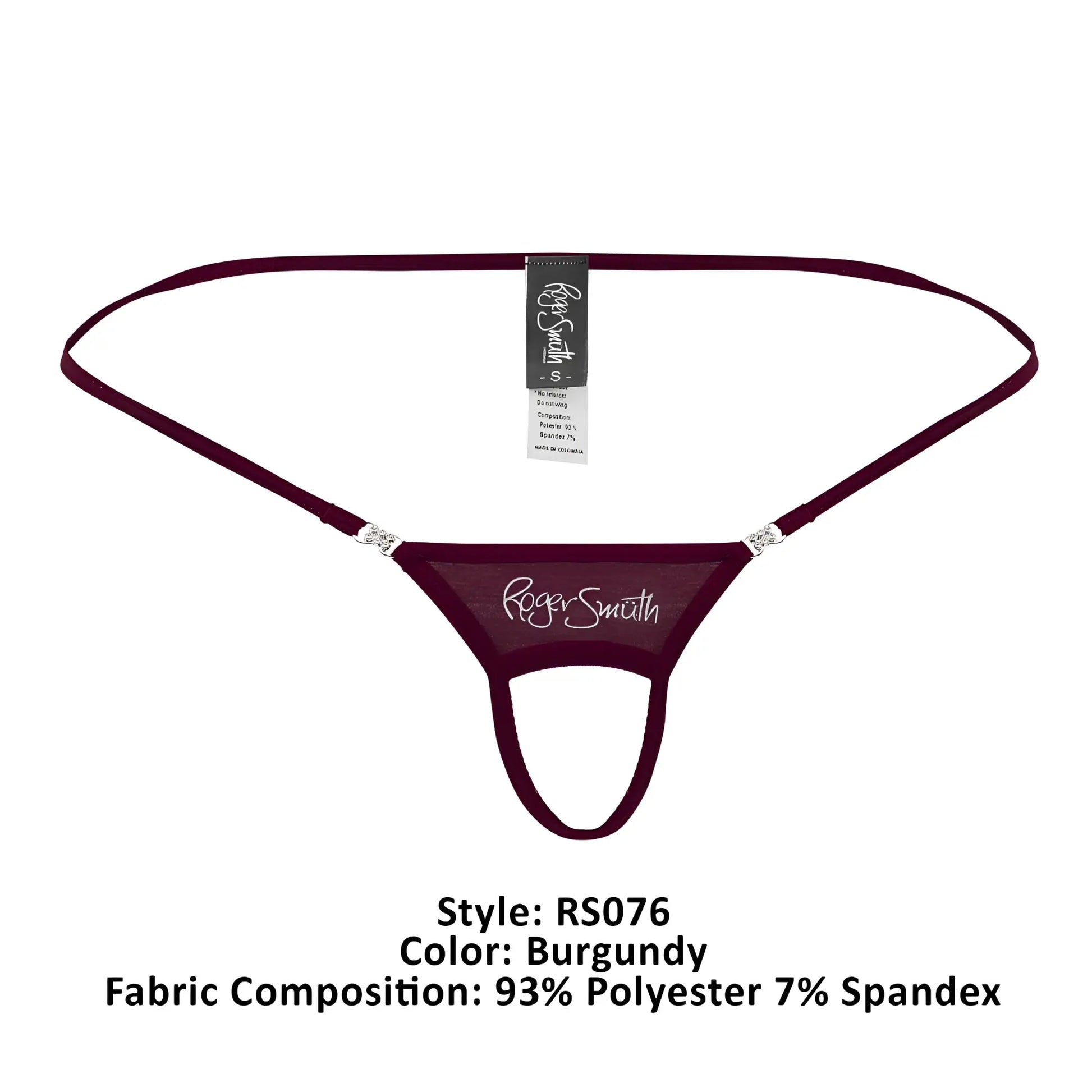 Burgundy roger smith rs076 ball lifter thong with sheer mesh fabric and silver rhinestone hip strap accents back view