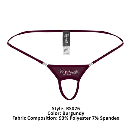 Burgundy roger smith rs076 ball lifter thong with sheer mesh fabric and silver rhinestone hip strap accents back view