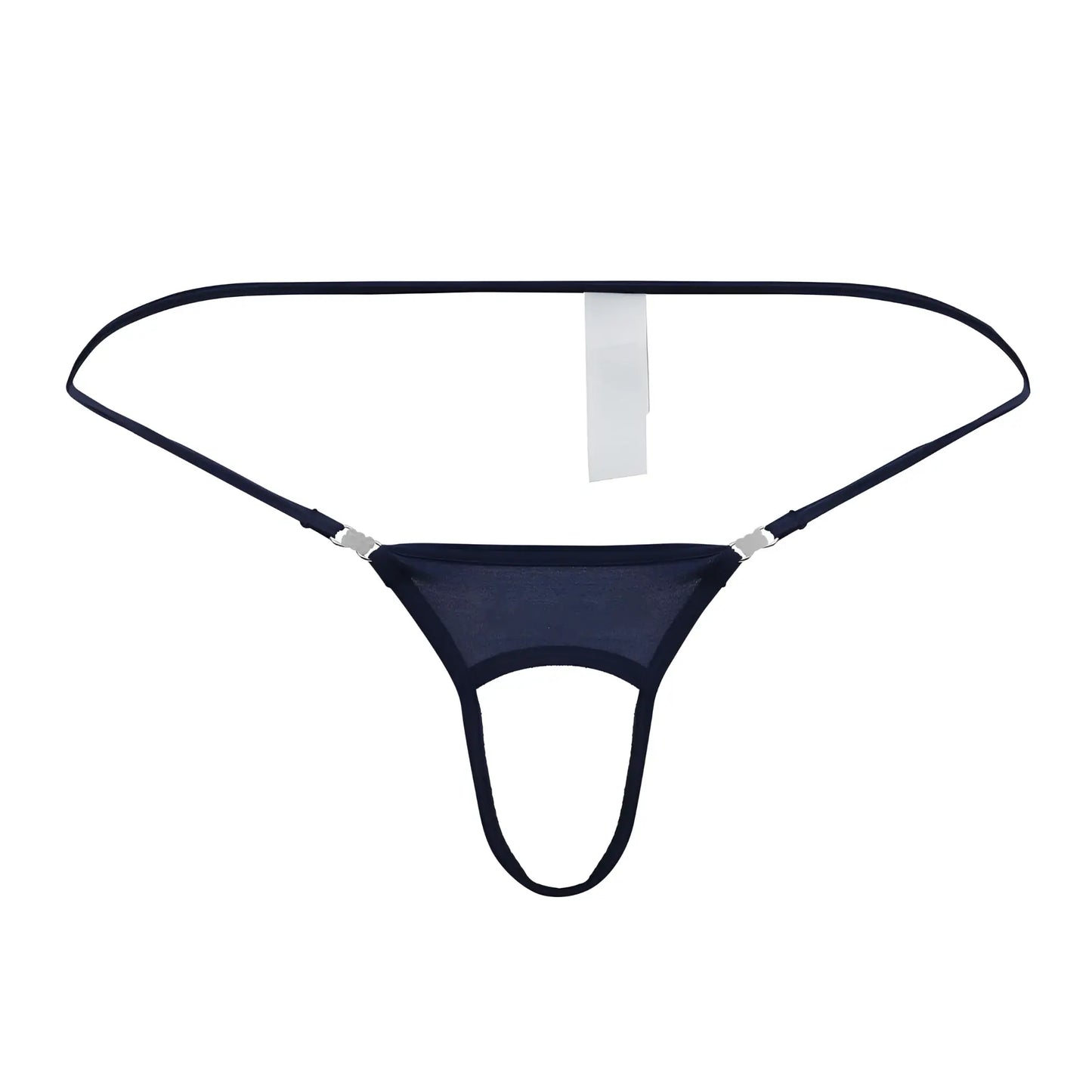 Black mesh thong ball lifter with thin straps and silver metal clasps in navy by roger smuth front view