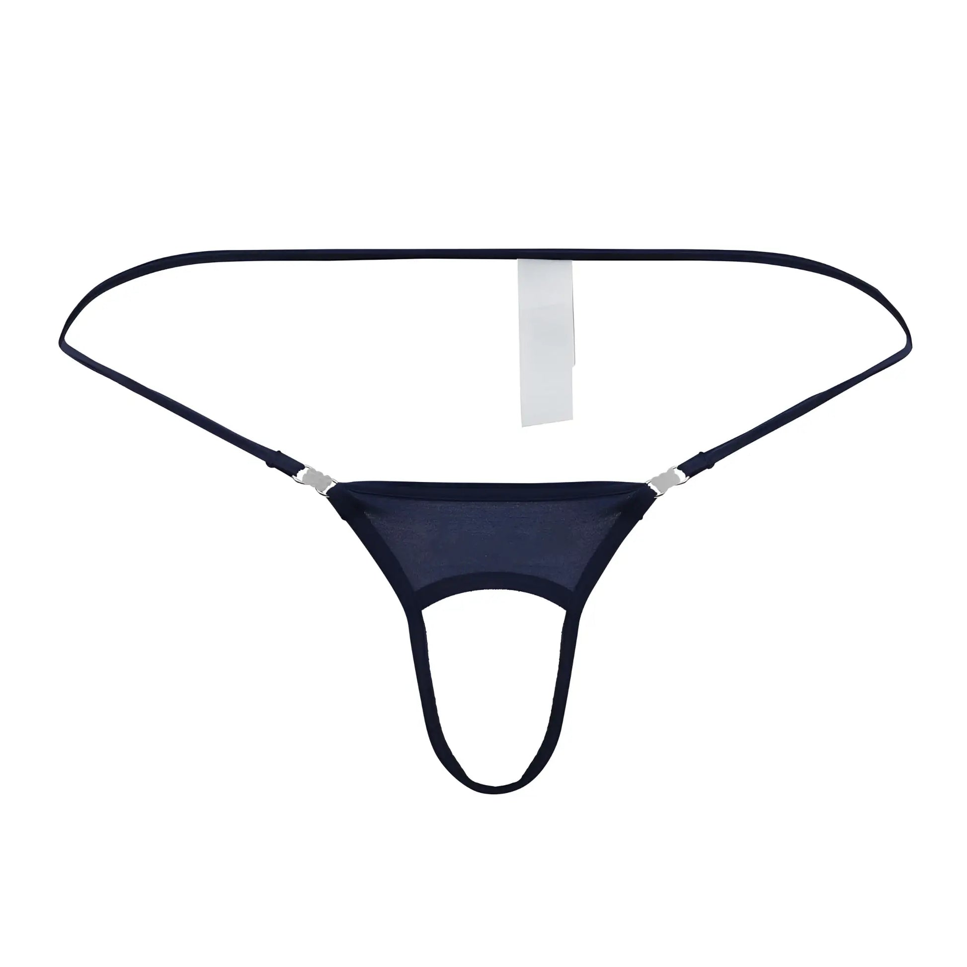 Black mesh thong ball lifter with thin straps and silver metal clasps in navy by roger smuth front view