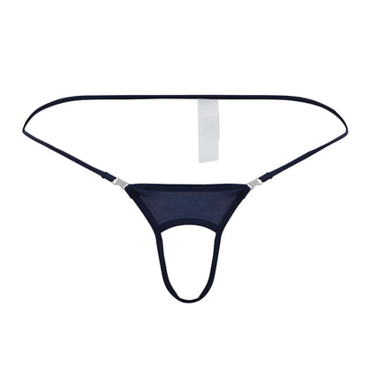 Black mesh thong ball lifter with thin straps and silver metal clasps in navy by roger smuth front view
