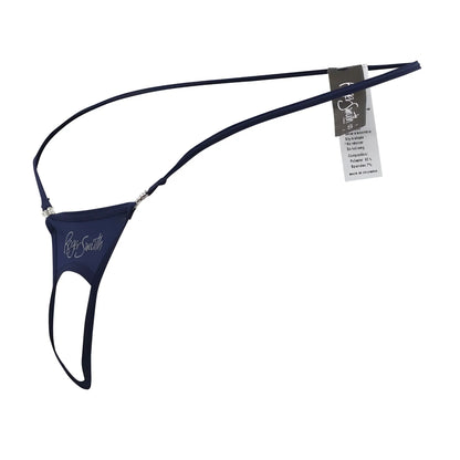 Navy blue lace thong ball lifter with silver embroidered roger smuth logo and crystal embellishments front view