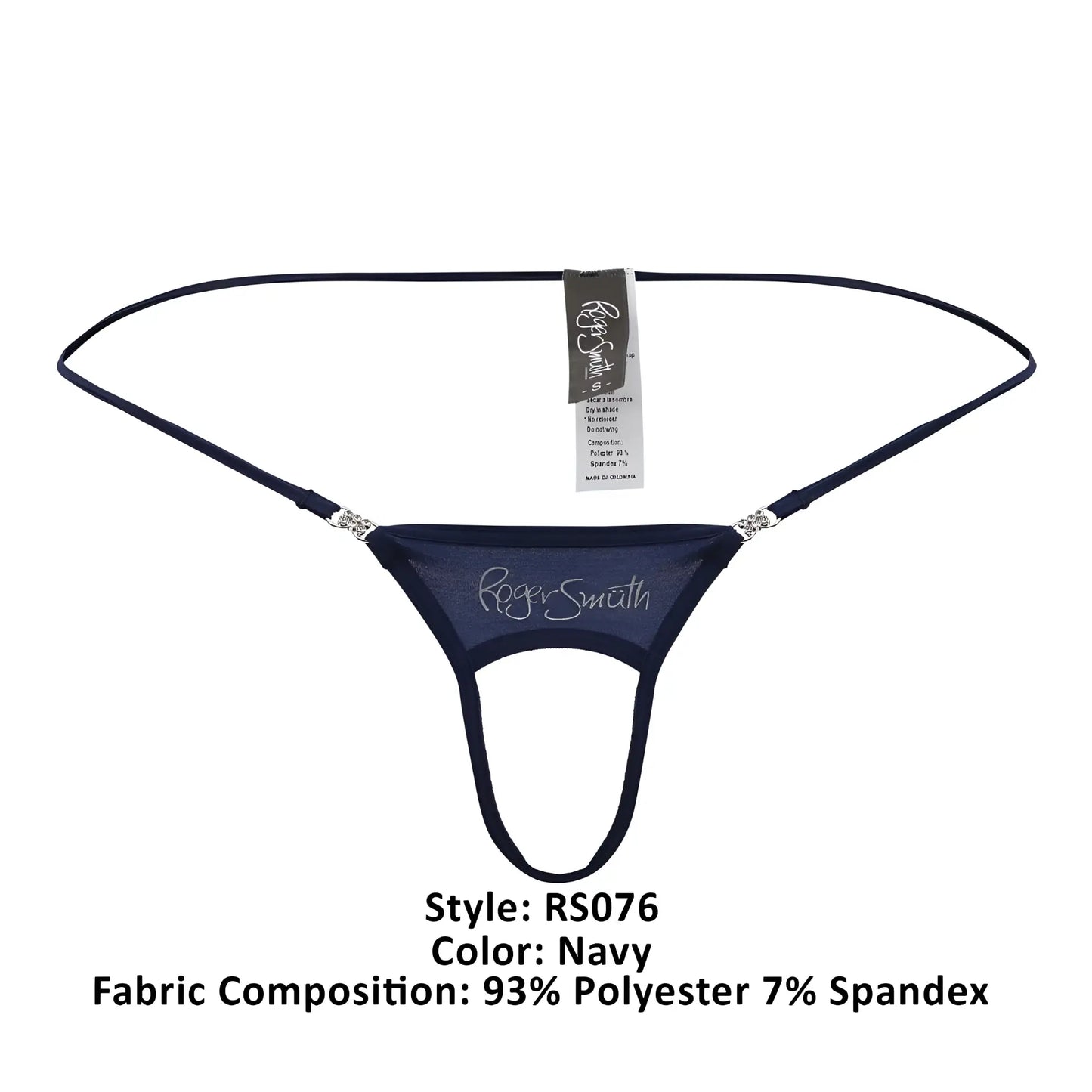 Navy roger smith rs076 ball lifter thong with sheer mesh front panel and silver metal side clasps