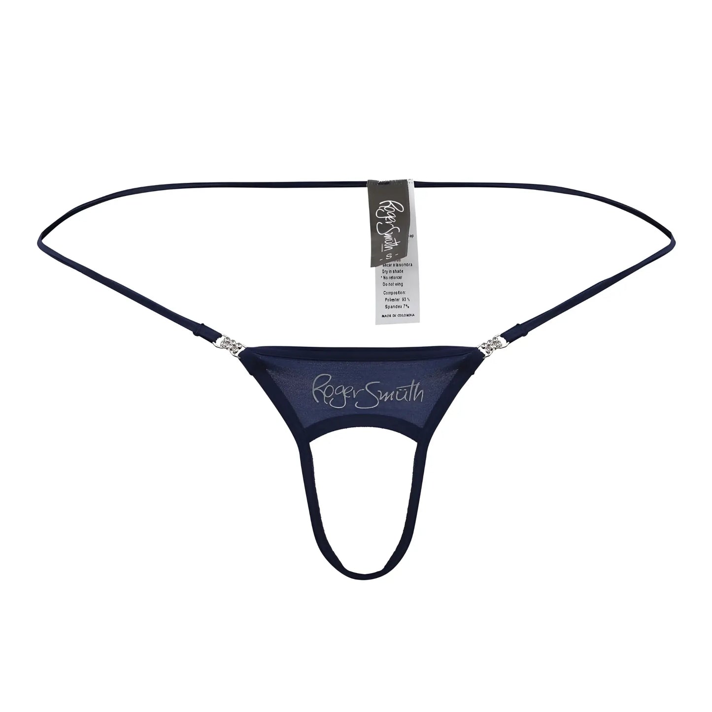 Navy blue roger smith rs076 ball lifter thong with sheer mesh fabric and silver rhinestone hip straps back view