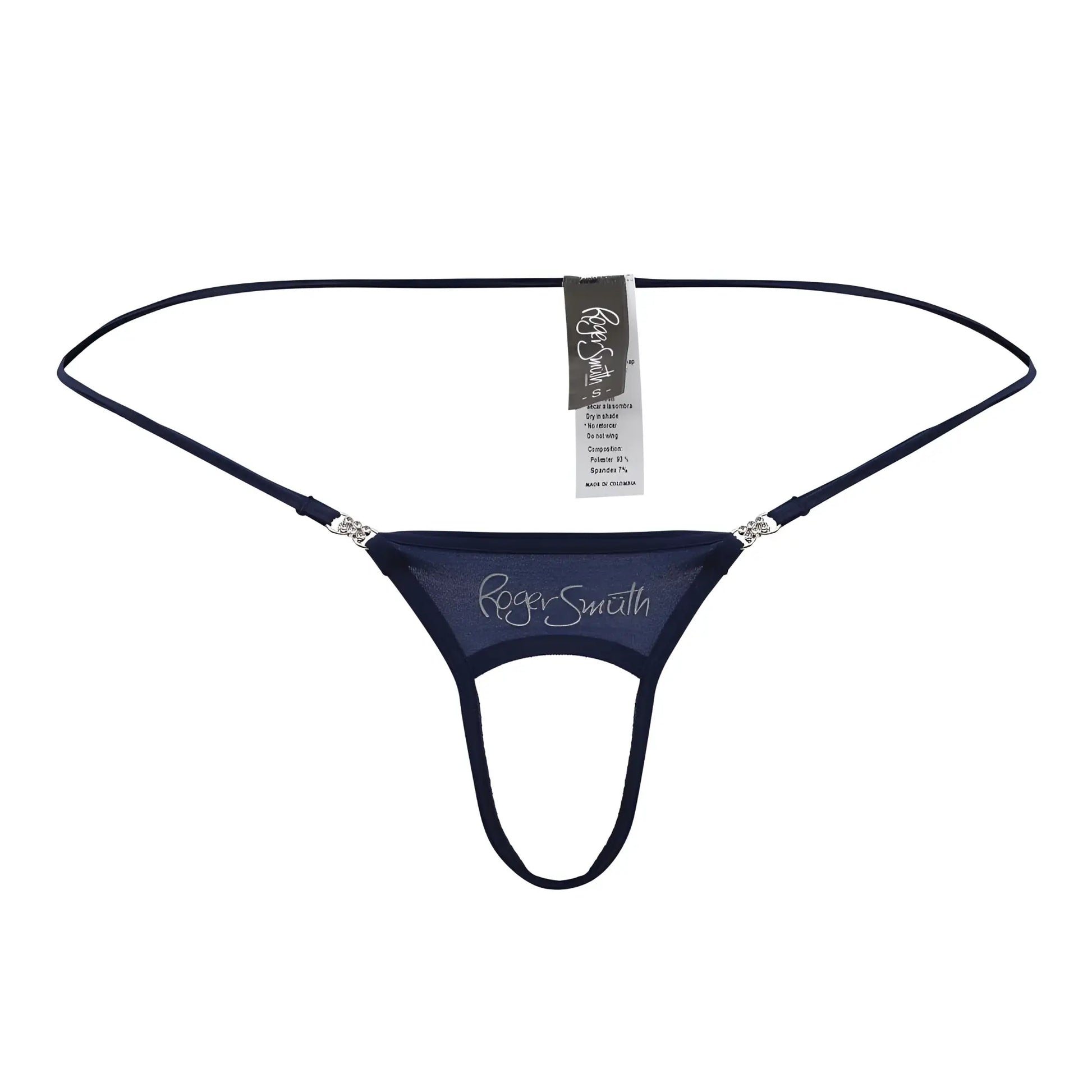 Navy blue roger smith rs076 ball lifter thong with sheer mesh fabric and silver rhinestone hip straps back view