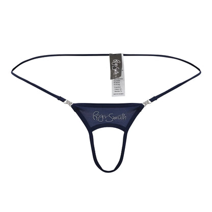 Navy blue roger smith rs076 ball lifter thong with sheer mesh fabric and silver rhinestone hip straps back view
