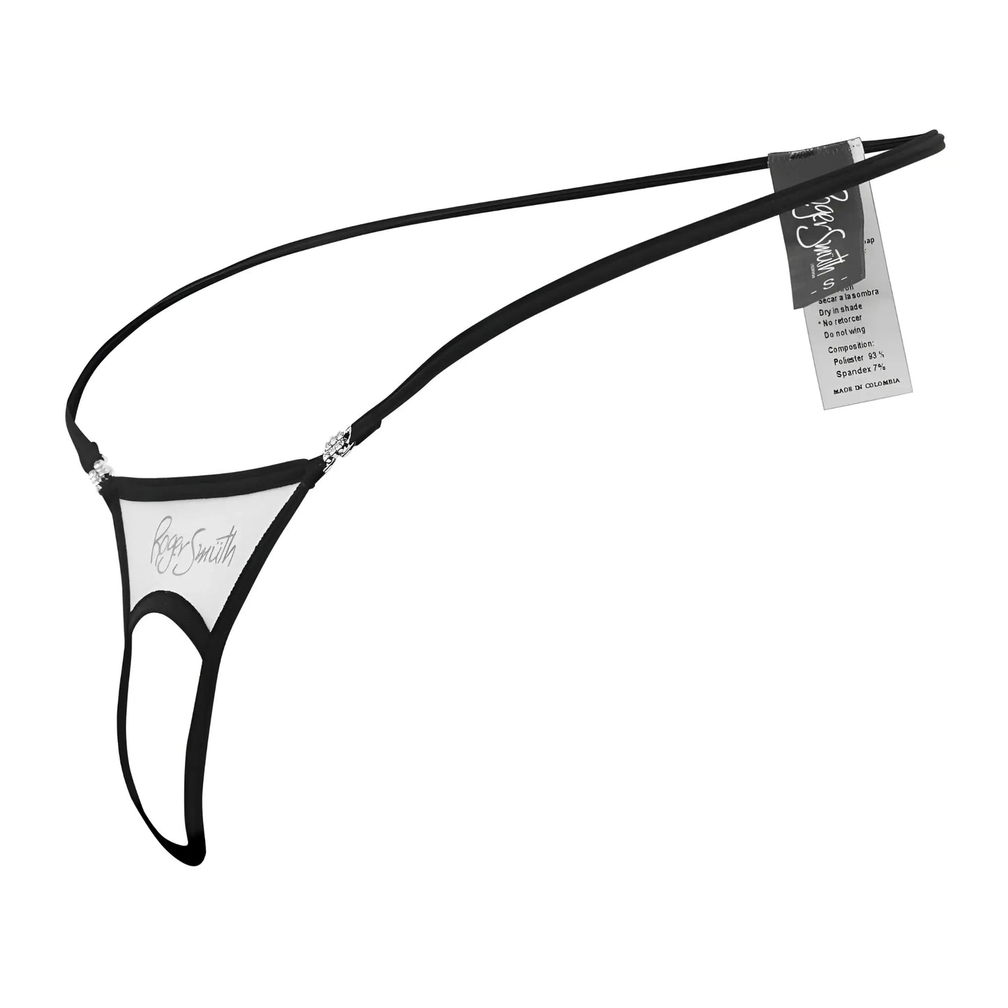 Black and white Roger Smith RS076 ball lifter thong with crystal embellishments on hip straps shown from the back