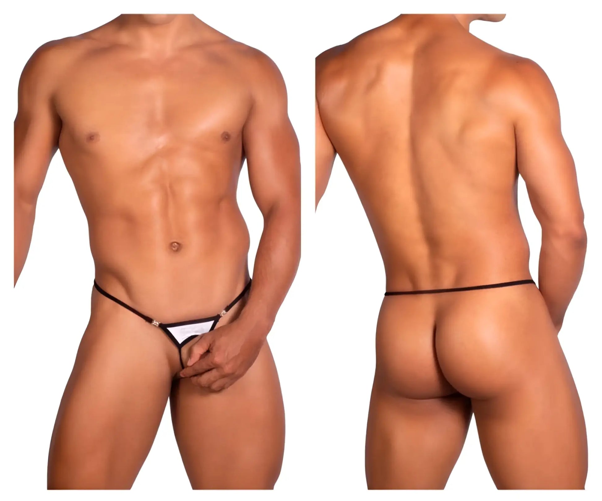 Black and white roger smuth rs076 ball lifter thong with small metallic clasp at the front in white color