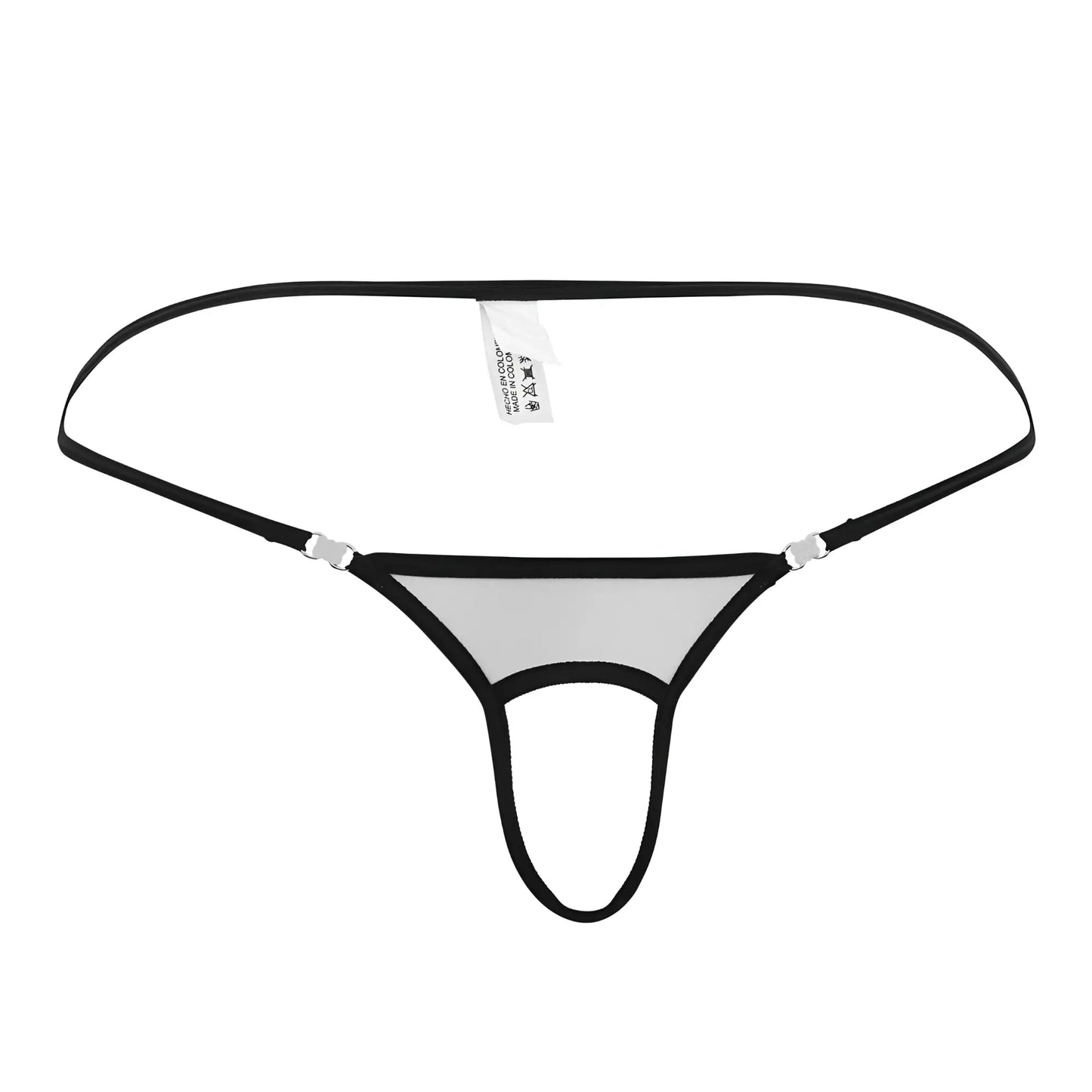 Black thong with sheer gray mesh panel and silver metal clasps in roger smuth rs076 ball lifter white model