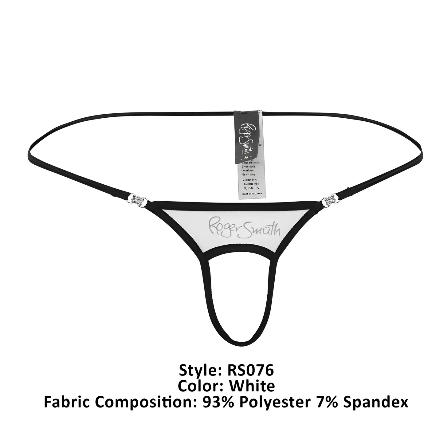 White roger smith thong with black trim and silver rhinestone accents from roger smith rs076 ball lifter collection
