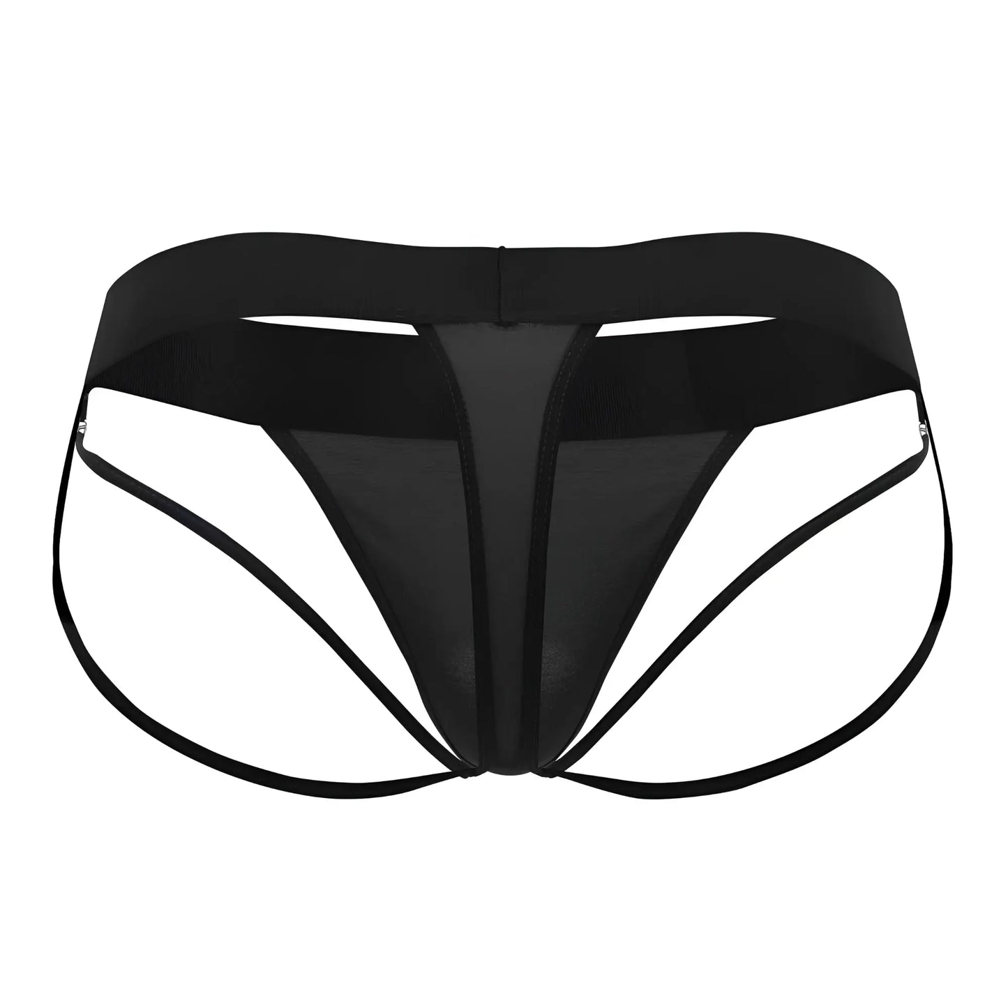 Black Roger Smuth RS077 thongs in mesh fabric with a wide waistband and thin curved side straps front view