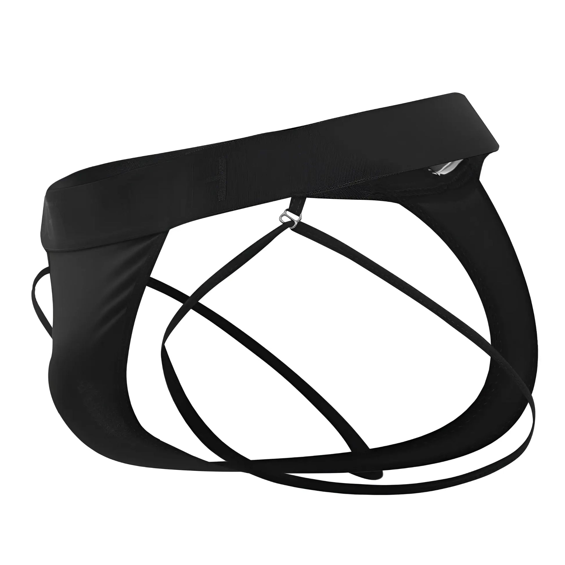 Black satin-like fabric briefs with thin crisscross straps and adjustable waistband roger smuth rs077 thongs black