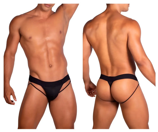 Black thong roger smuth rs077 with thin adjustable side straps and a snug fit showing the back side of the product