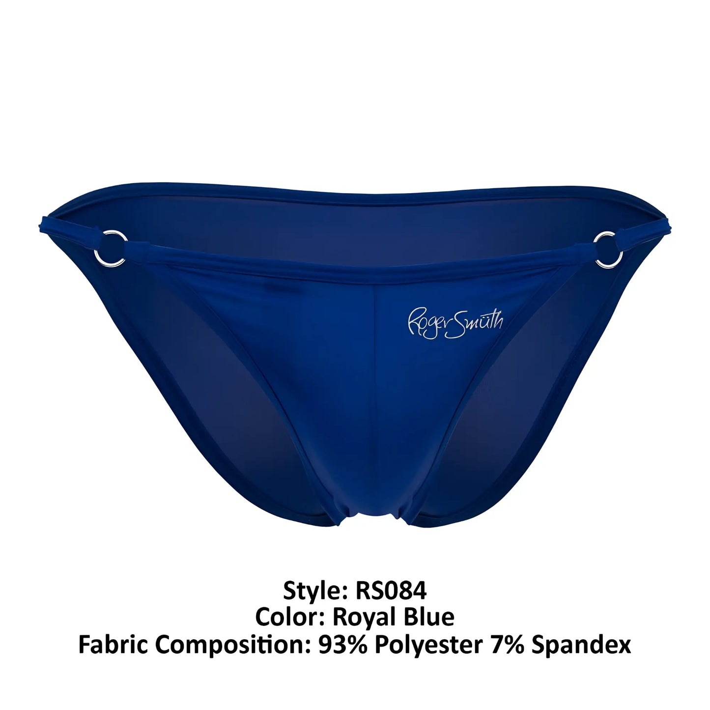 Royal blue roger smith rs084 bikini bottom with sheer form-fitting design and silver metal side rings shown from the back