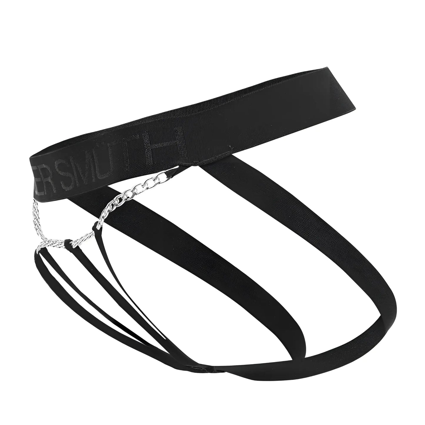 Black elastic briefs roger smuth rs086 jock thong with silver chain detail and ersmoth branding on the waistband