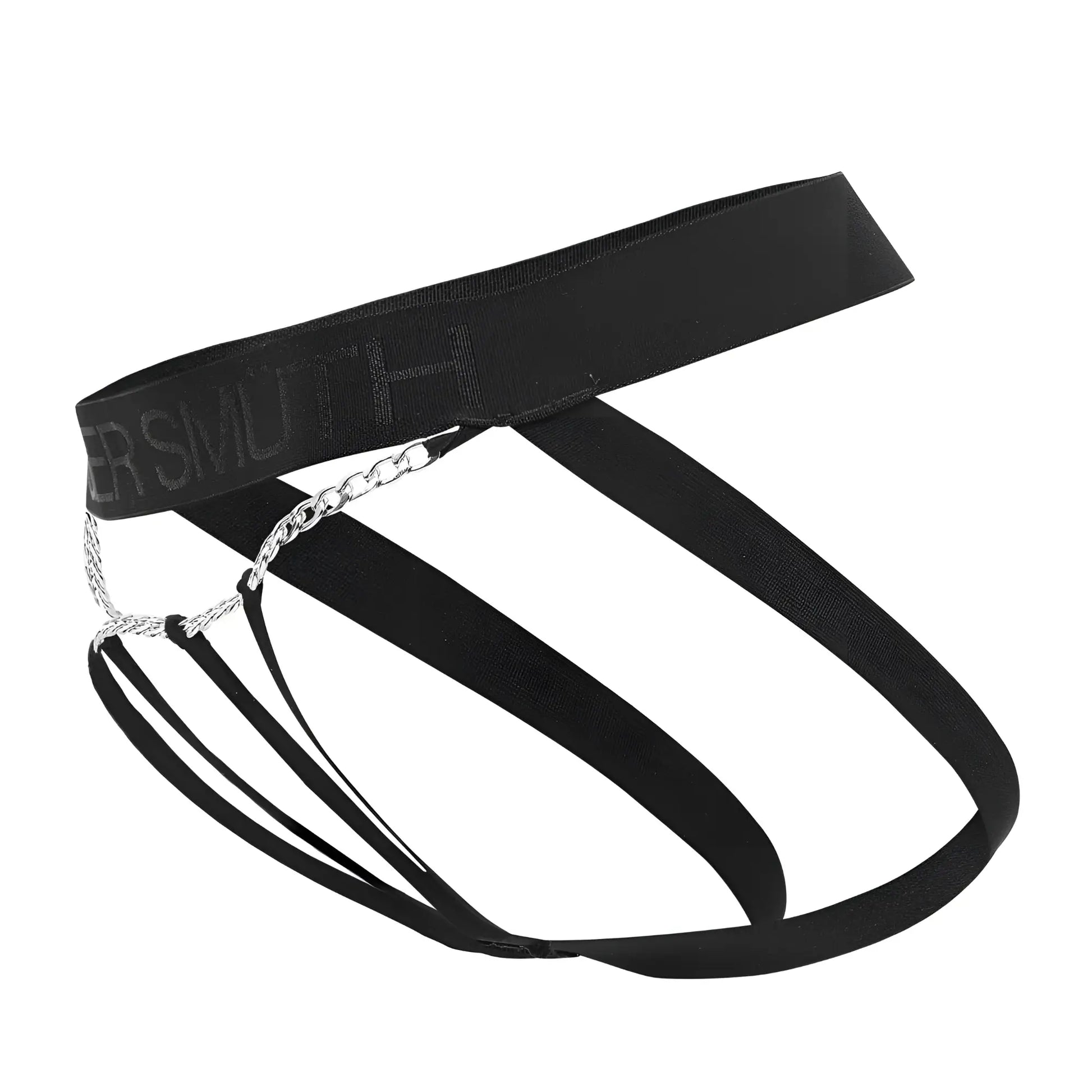 Black elastic briefs roger smuth rs086 jock thong with silver chain detail and ersmoth branding on the waistband