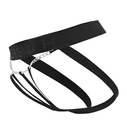 Black elastic briefs roger smuth rs086 jock thong with silver chain detail and ersmoth branding on the waistband