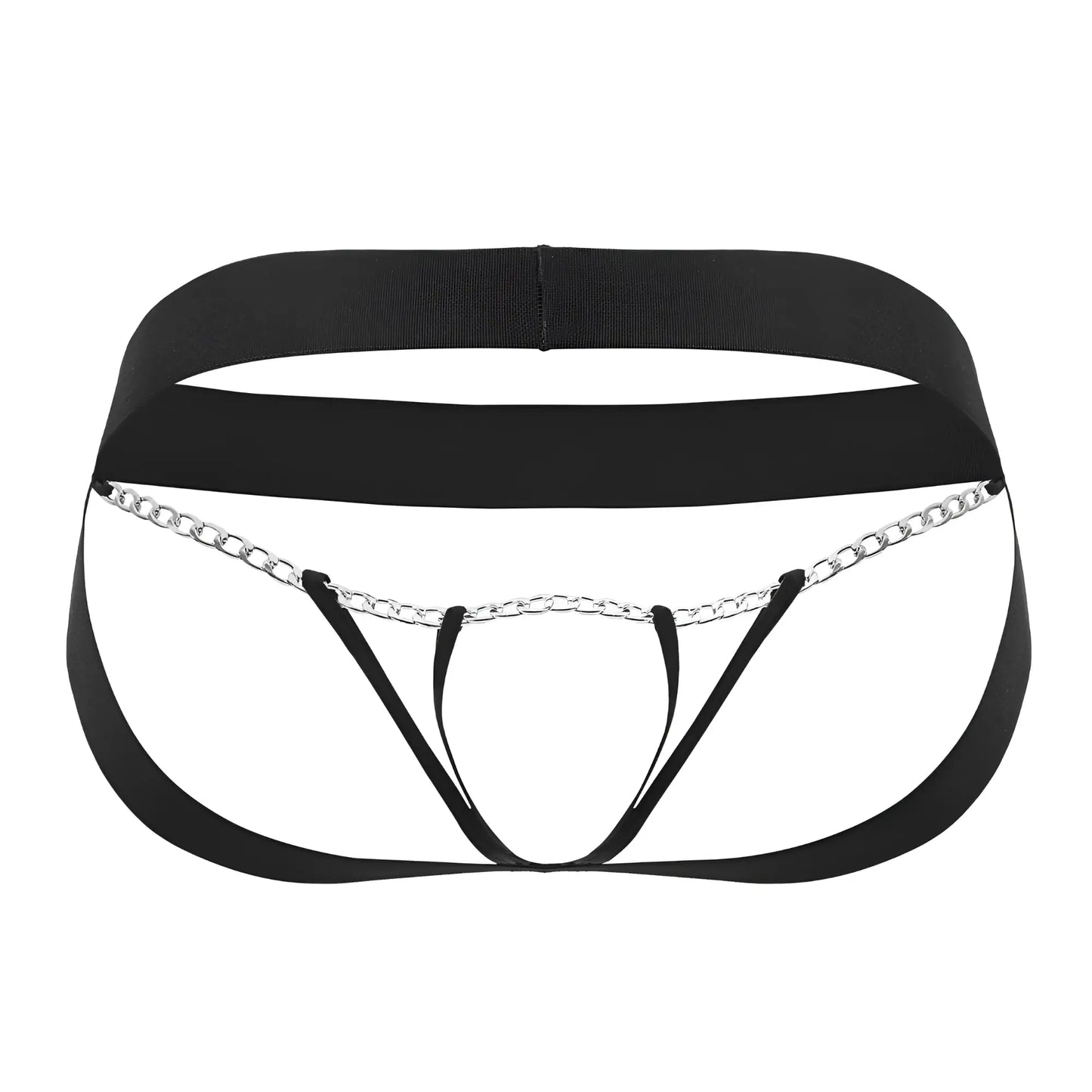 Black roger smuth rs086 jock-thong with elastic waistband leg straps and silver chain detail visible from the back