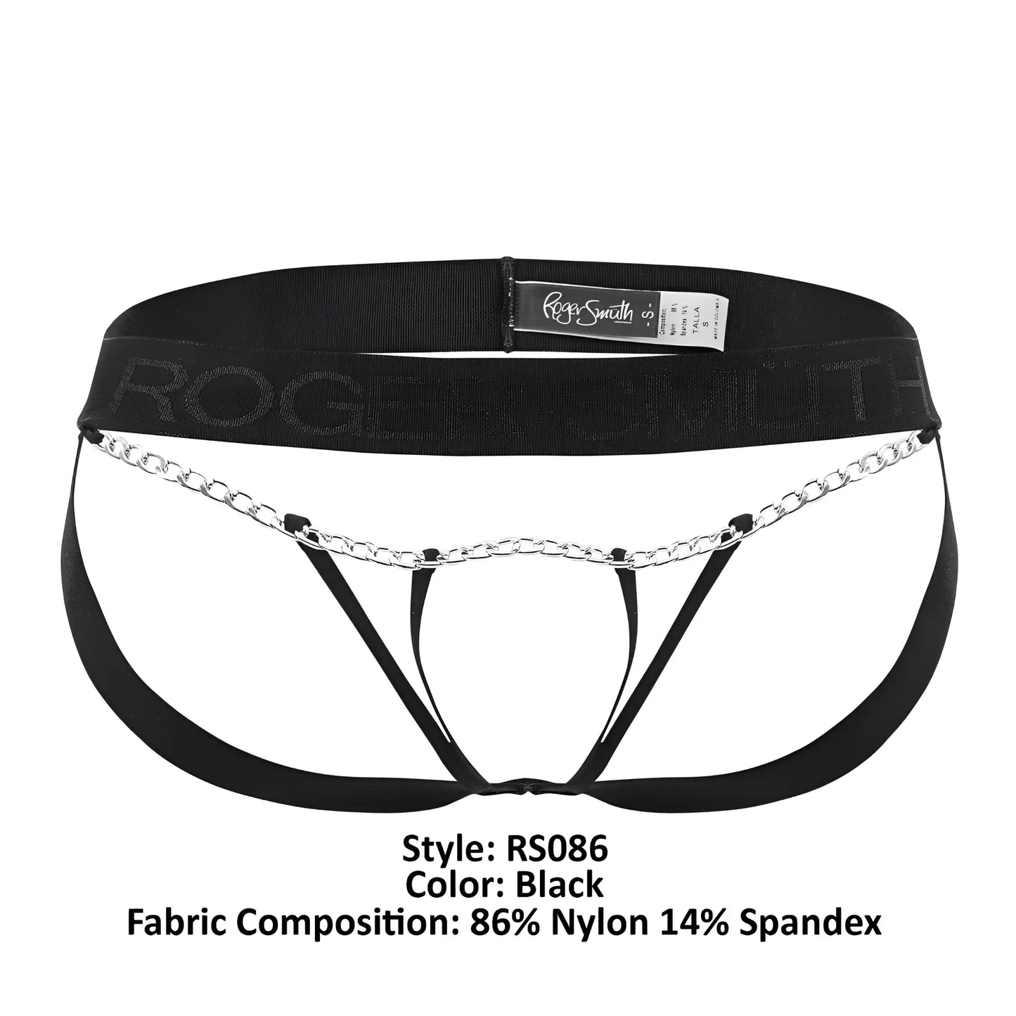 Black roger smith rs086 men’s briefs with silver chain detail across front for stylish support and comfort