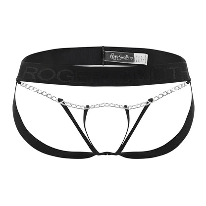 Black roger smith mens briefs with silver chain detail across front in style rs086 jock-thong color black