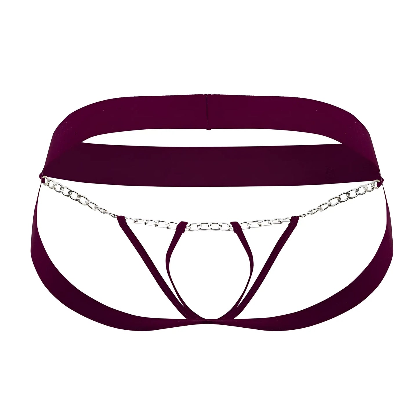 Maroon satin thong with silver chain detailing by Roger Smuth RS086 jock-thong in burgundy color shown from back side