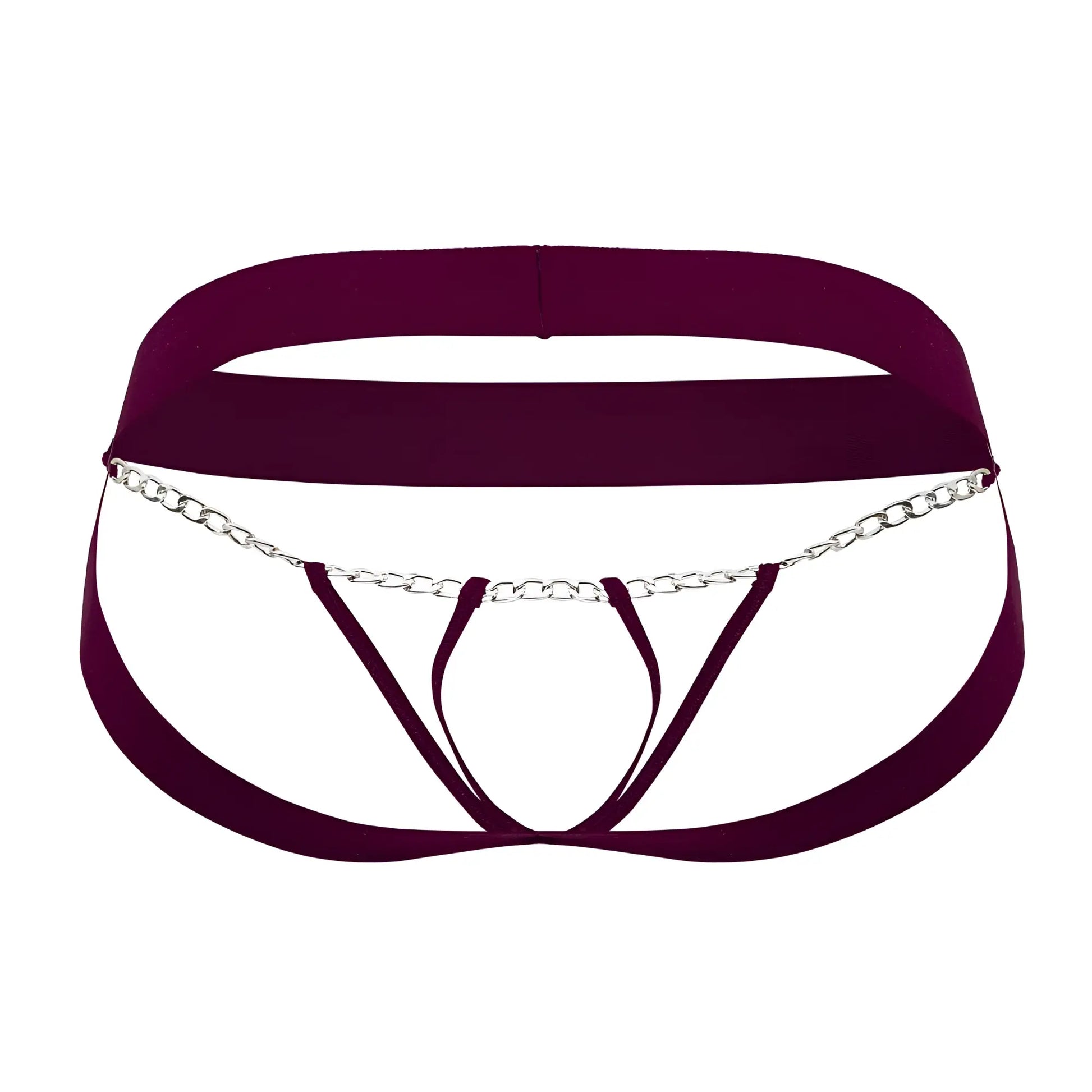 Maroon satin thong with silver chain detailing by Roger Smuth RS086 jock-thong in burgundy color shown from back side