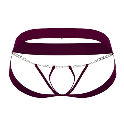 Maroon satin thong with silver chain detailing by Roger Smuth RS086 jock-thong in burgundy color shown from back side