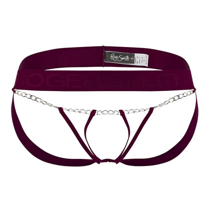 Maroon Roger smith RS086 jock-thong briefs with silver metal chain detail across the front in burgundy color