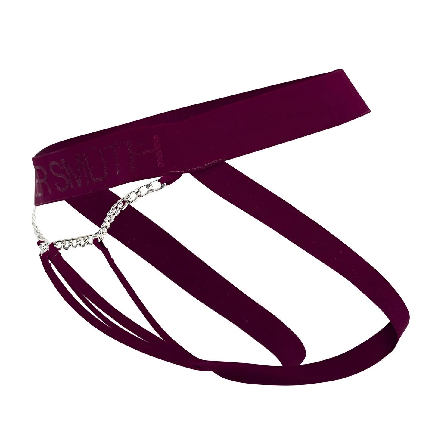 A maroon velvet roger smuth rs086 jock-thong with silver chain detail and ersmuth embossed on the band
