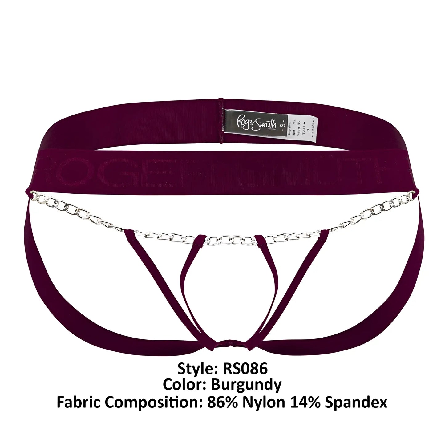 Burgundy nylon and spandex Roger Smuth RS086 jock-thong briefs featuring a silver chain detail on the back side