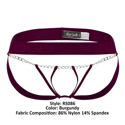 Burgundy nylon and spandex Roger Smuth RS086 jock-thong briefs featuring a silver chain detail on the back side