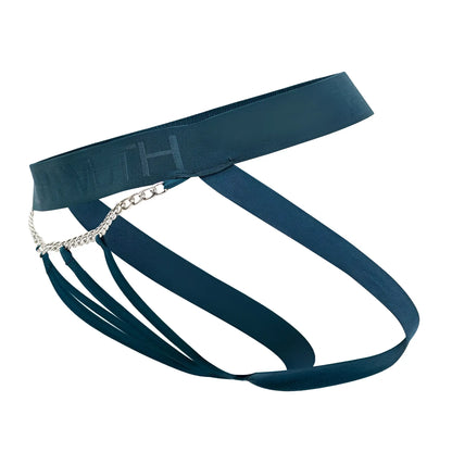 Roger smuth rs086 jock-thong in green with dark teal elastic waistband silver chain and multiple fabric straps