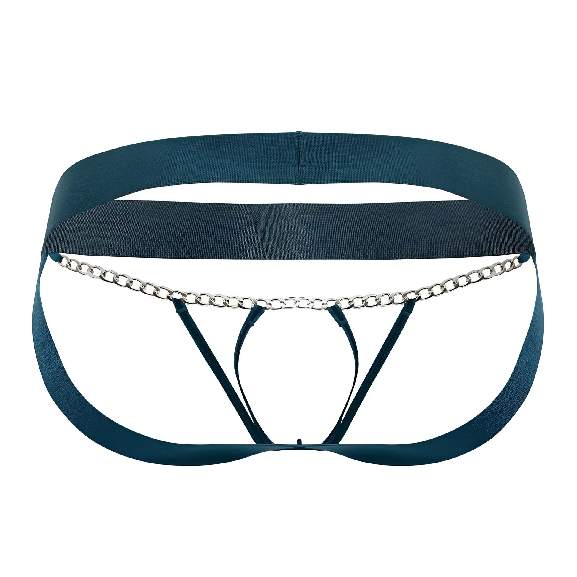 Roger smuth rs086 jock-thong in green with dark teal elastic waistband and silver chain detail front view