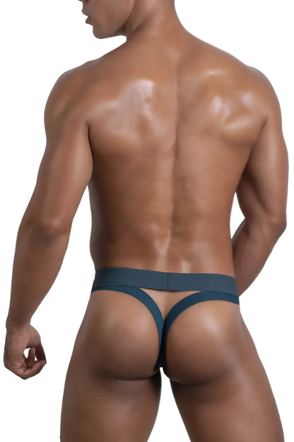 Roger Smuth RS086 jock-thong in dark teal with smooth stretchy fabric and wide waistband shown from the back side