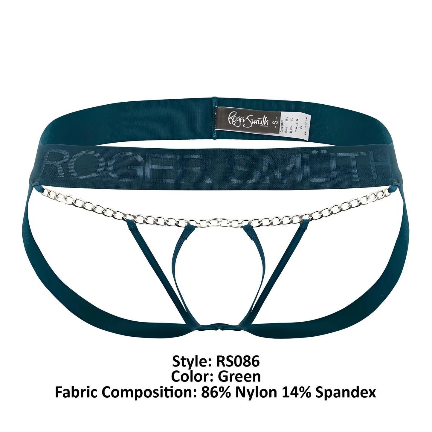 Teal green roger smith rs086 men’s briefs with silver chain detail across the front in jock-thong style