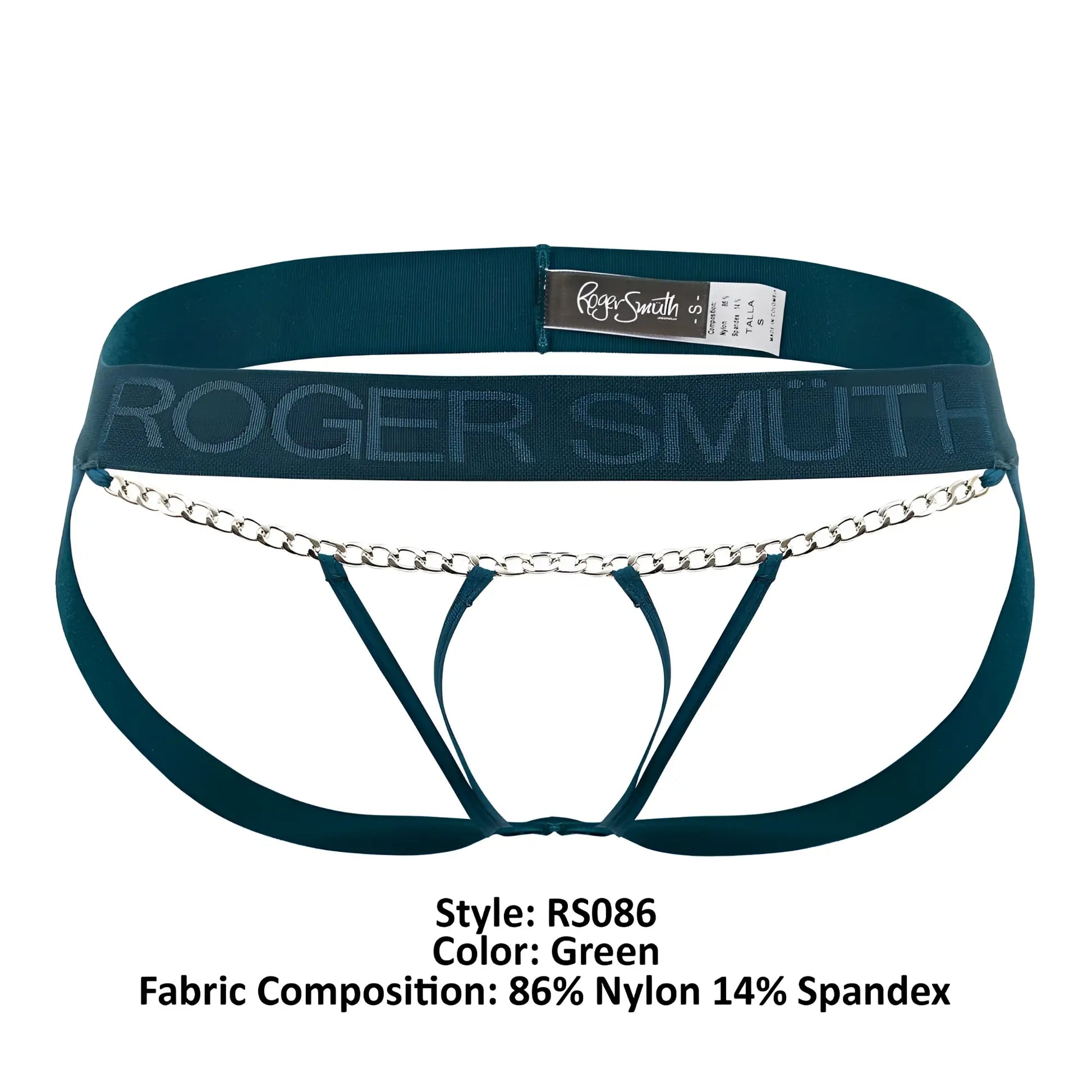 Teal green roger smith rs086 men’s briefs with silver chain detail across the front in jock-thong style