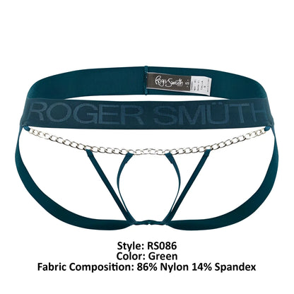 Teal green roger smith rs086 men’s briefs with silver chain detail across the front in jock-thong style