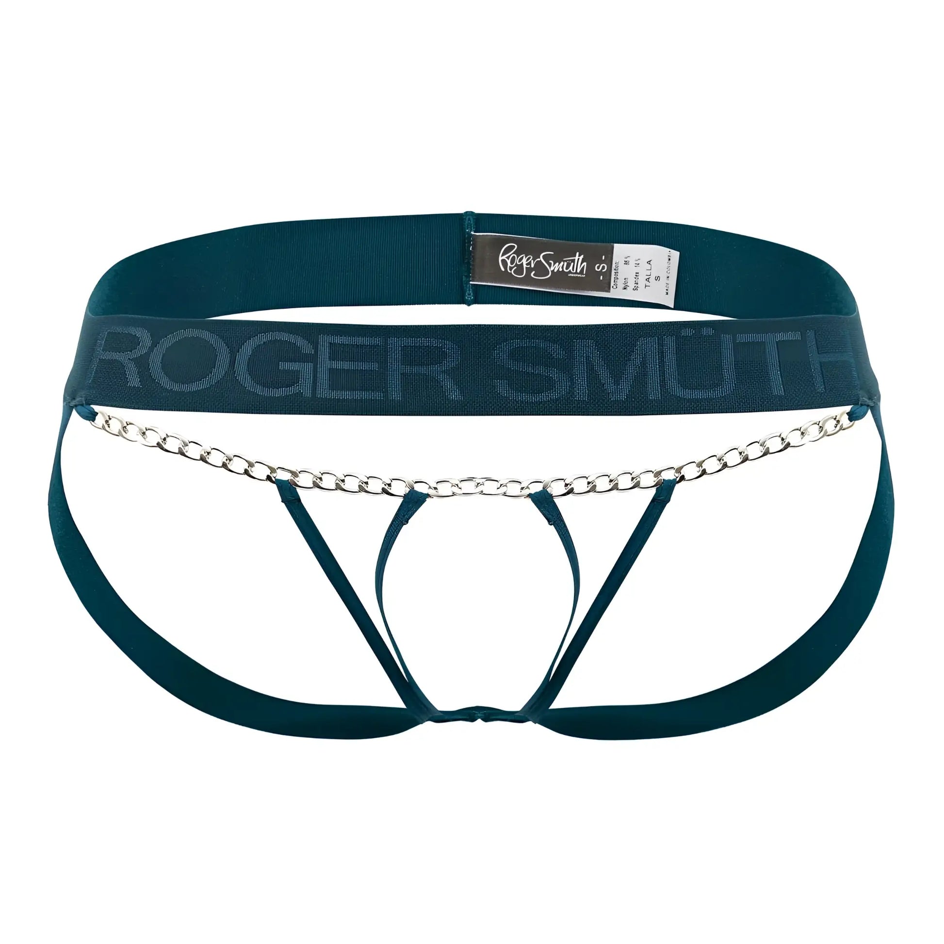 Teal Roger Smith RS086 jock-thong briefs with silver chain detail across the front in green color